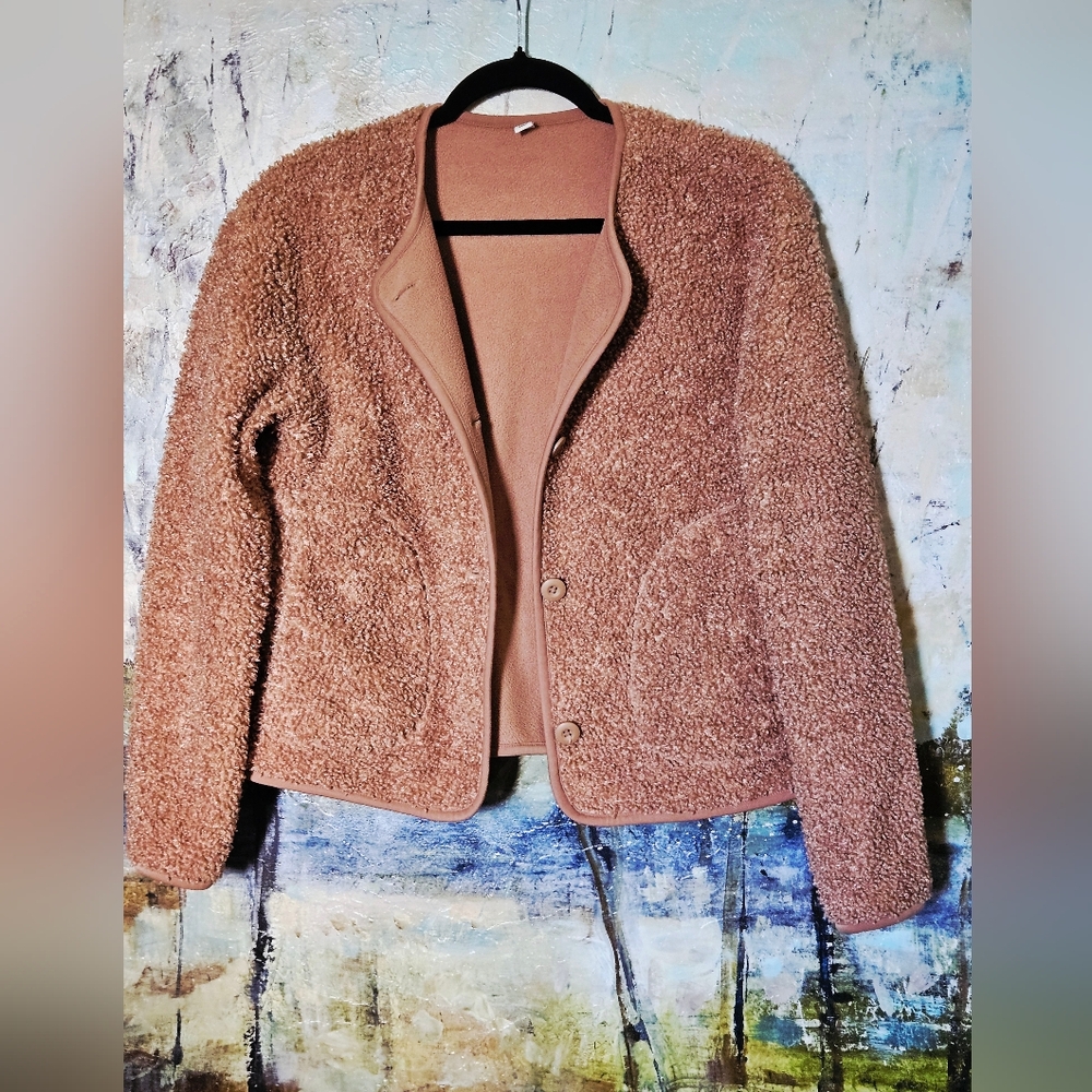 Uniglo Pile Lined Fleece Relaxed Cardigan Jacket Camel Beige W's XS